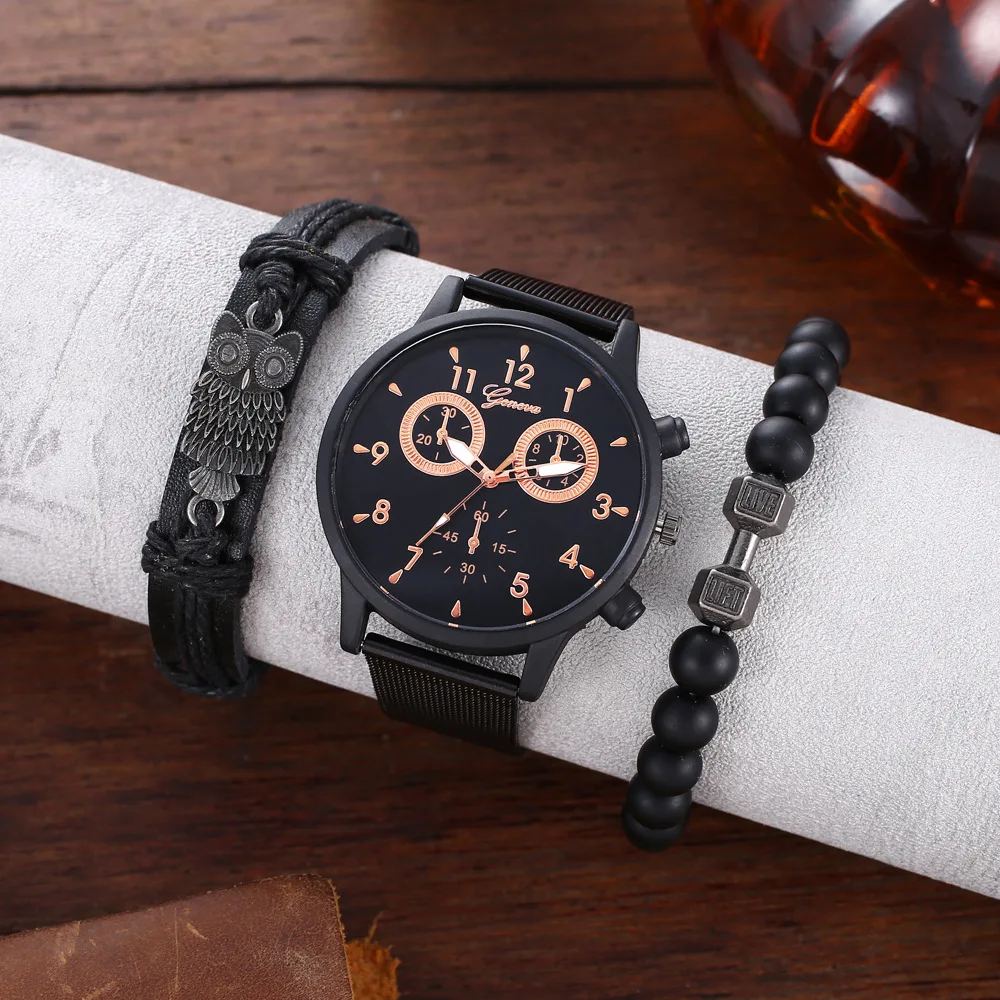 

Business Leisure Trend Three Eye Six Needle Dial Pin Buckle Mesh Quartz Watch+owl Bracelet 3pcs/set Relojes para hombres