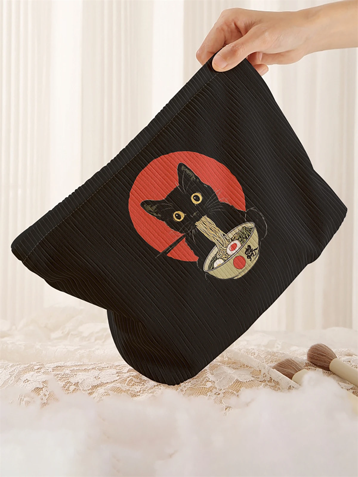1 black cat pattern printed corduroy makeup bag, lightweight zipper makeup storage box, multifunctional bag with lining