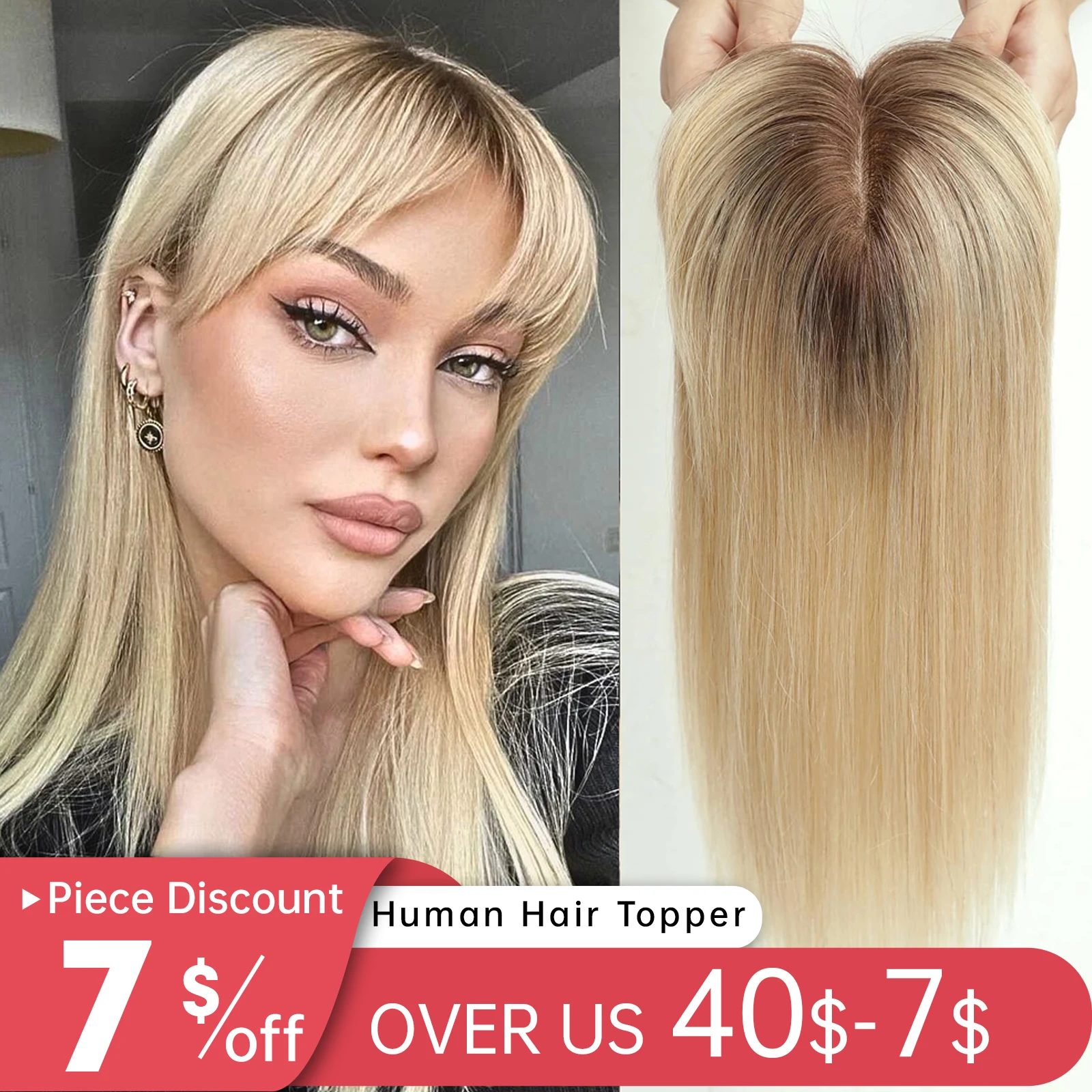 Human Hair Lace Product Human Hair Toppers with Bangs Ombre Platinum Blonde Remy Hairs Topper Silk Base Clip in Toupee Hair Pieces for Women Loss