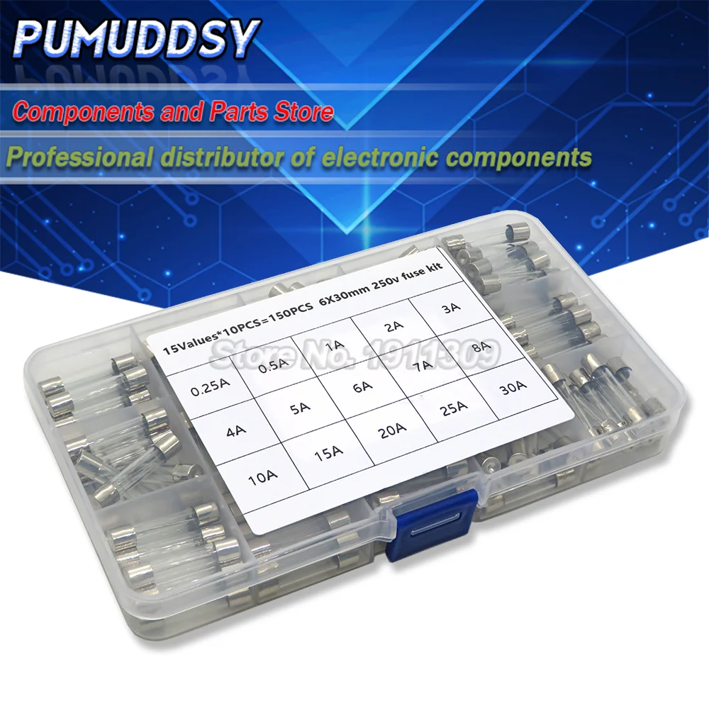 

15Kinds 150pcs 6*30 Fast-blow Glass Tube Fuses Car Glass Tube Fuses Assorted Kit 6X30 with Box fusiveis 0.1A-30A Household Fuses