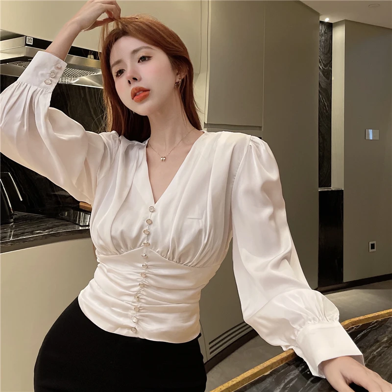 

Женская однотонная блузка с длинным рукавом, модные укороченные топы, туника, плиссированные блузки, характерные осенние Рубашки, женские блузы 2023