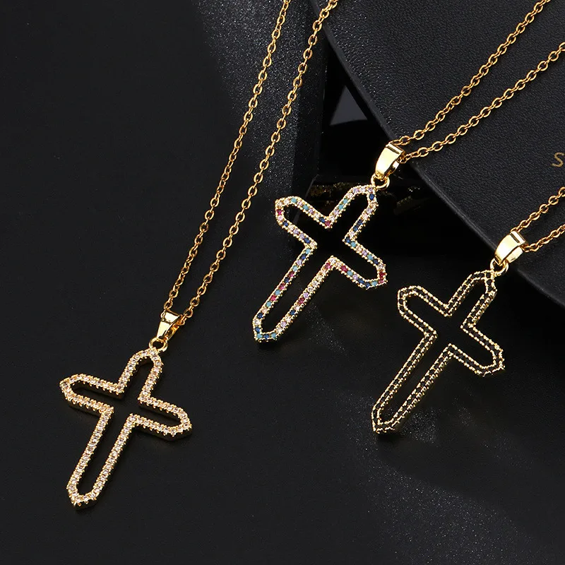 

Fashionable and Exquisite Colorful Zircon Necklace, Gold Hollow Cross Pendant, Women's Collar Chain Jewelry, Religious Gift