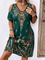 Plus Size Bohemian Ethnic Style Printed Dress, Off-Shoulder Dress, Summer Casual V Neck Short-Sleeved Dress, Plus Size Clothing - Image 2