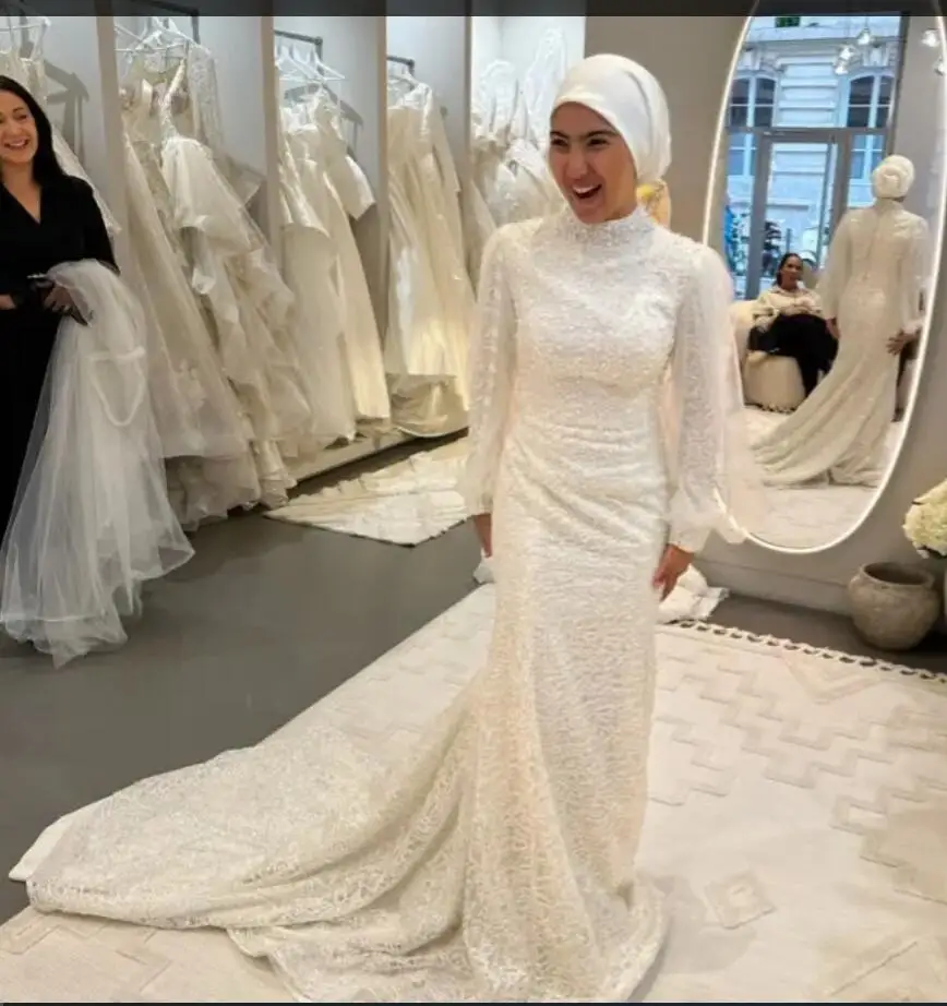 

OLOEY Glitter Full Lace Muslim Arabic Wedding Dresses Mermaid Long Sleeeves High Neck Court Train Modest Bridal Gowns With Hijab