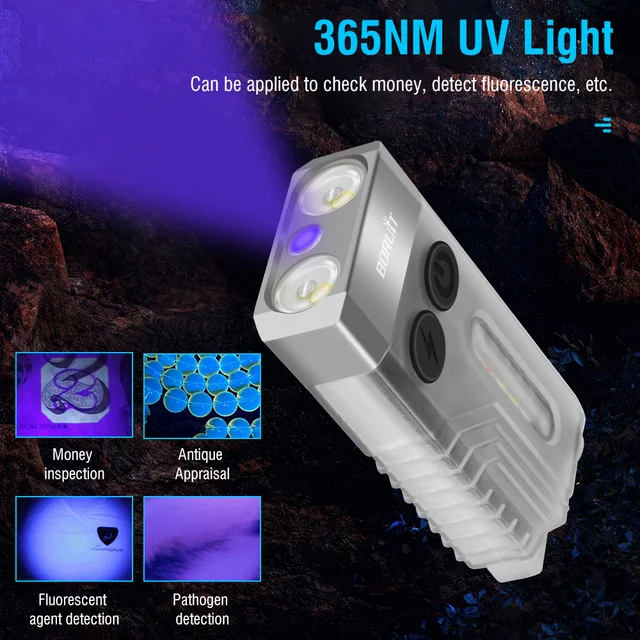 BORUiT V10 EDC Keychain Flashlight Portable Mini Torch Type-C Rechargeable Work Light With Magnet UV Beep Camping Pocket Lantern 4