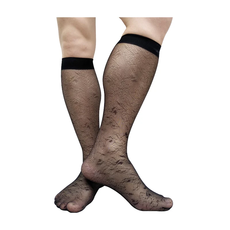 

See Through Long Tube Mens Stocking Lingerie Lace Floral Thin Sheer Socks Formal Dress Suit Male Hose Softy Business Socks