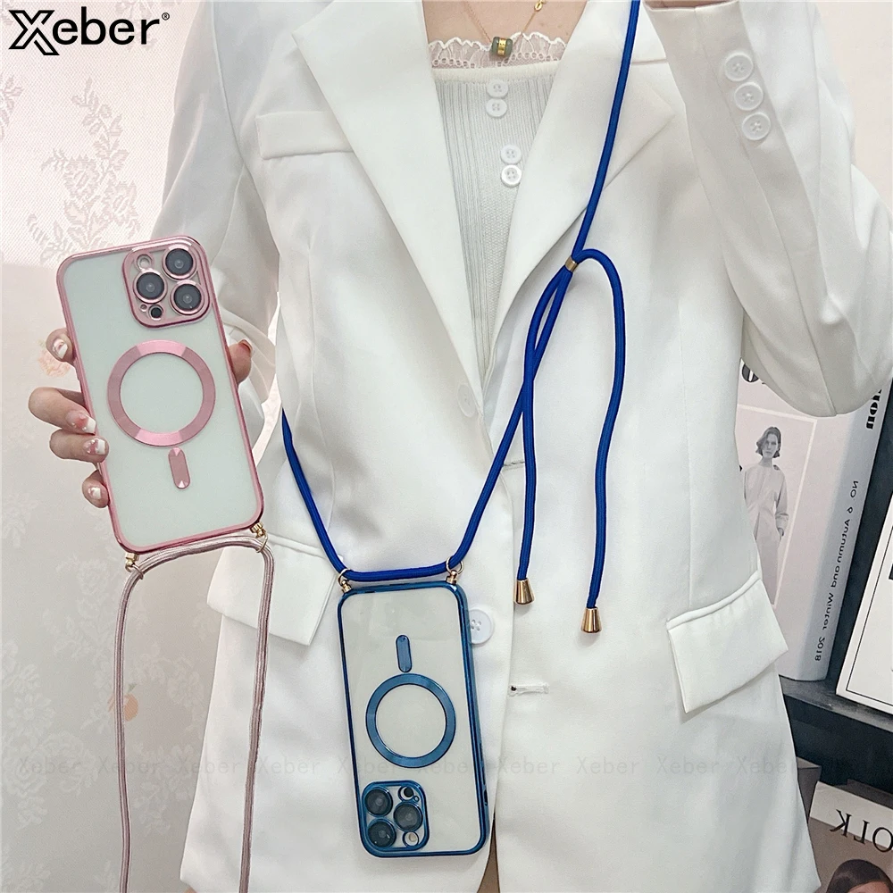 Collar cruzado con cordón magnético para Magsafe, funda de carga inalámbrica para iPhone 17 16 15 13 12 11 14 Pro Max, cubierta transparente chapada