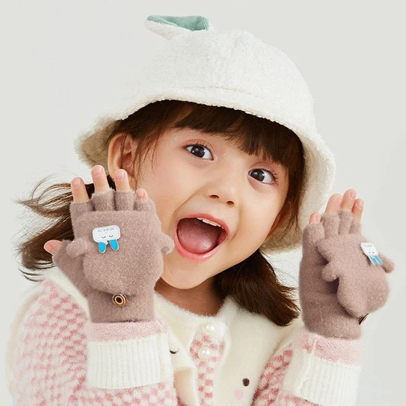 Baby Winter Gloves Boys Girls Knitted Fingerless Mittens Children Half Finger Flip Cuff Mittens Toddler Warm Gloves 1-6 Years