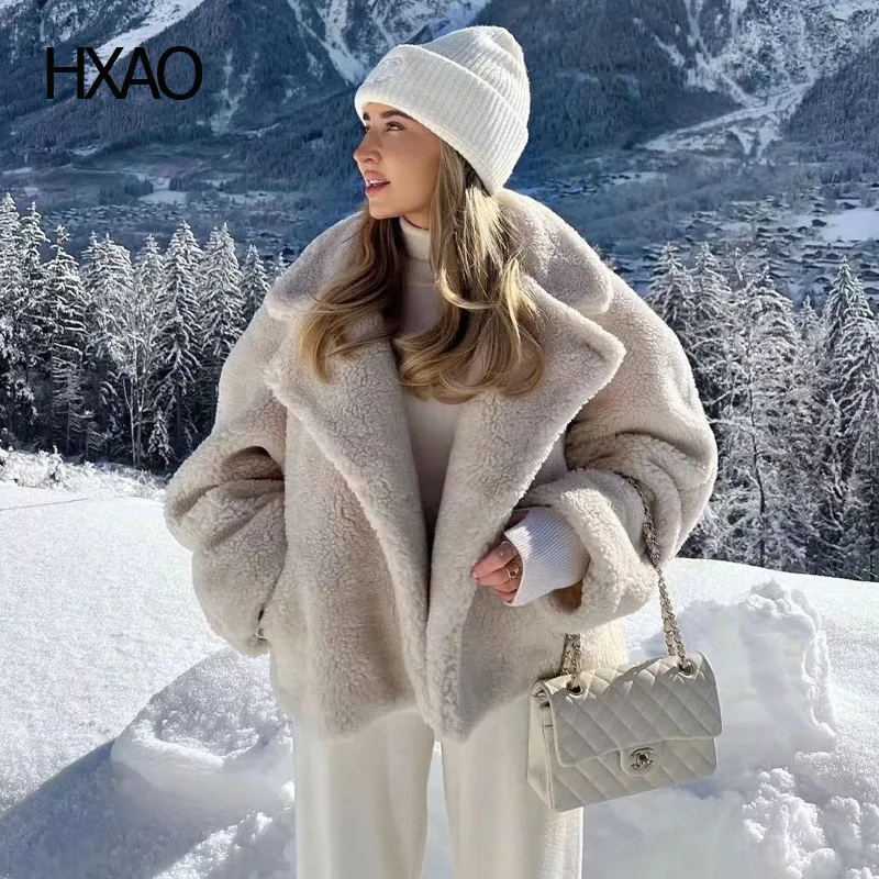 

HXAO Women Winter Jacket Long Sleeve Wool Coat Crop Jacket Elegant Duffle Coat Female Plush Jacket Fleece Jacket New Overcoats