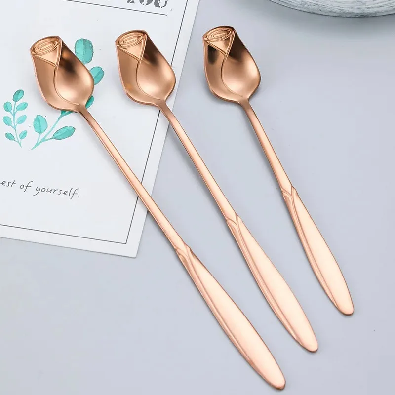 13/15/17cm Long Handle Coffee Spoon High-quality Rose Small Tea Spoon Stainless Steel Cute Ice Cream Dessert Stirring Spoon