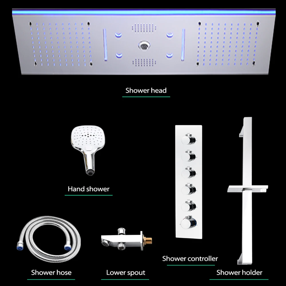 24x12Inch 600x300mm Music RGB LED Shower Head Panel Faucet Set Constant Temperature Thermostatic Vertical Mixer Valve System