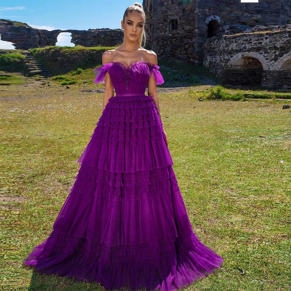 dark green prom dress Sevintage Arabia Purple Tiered Tulle Prom Dresses Off Shoulder Pleat Ruched Ruffles Dubai Women Evening Gown Formal Party Dress prom gowns