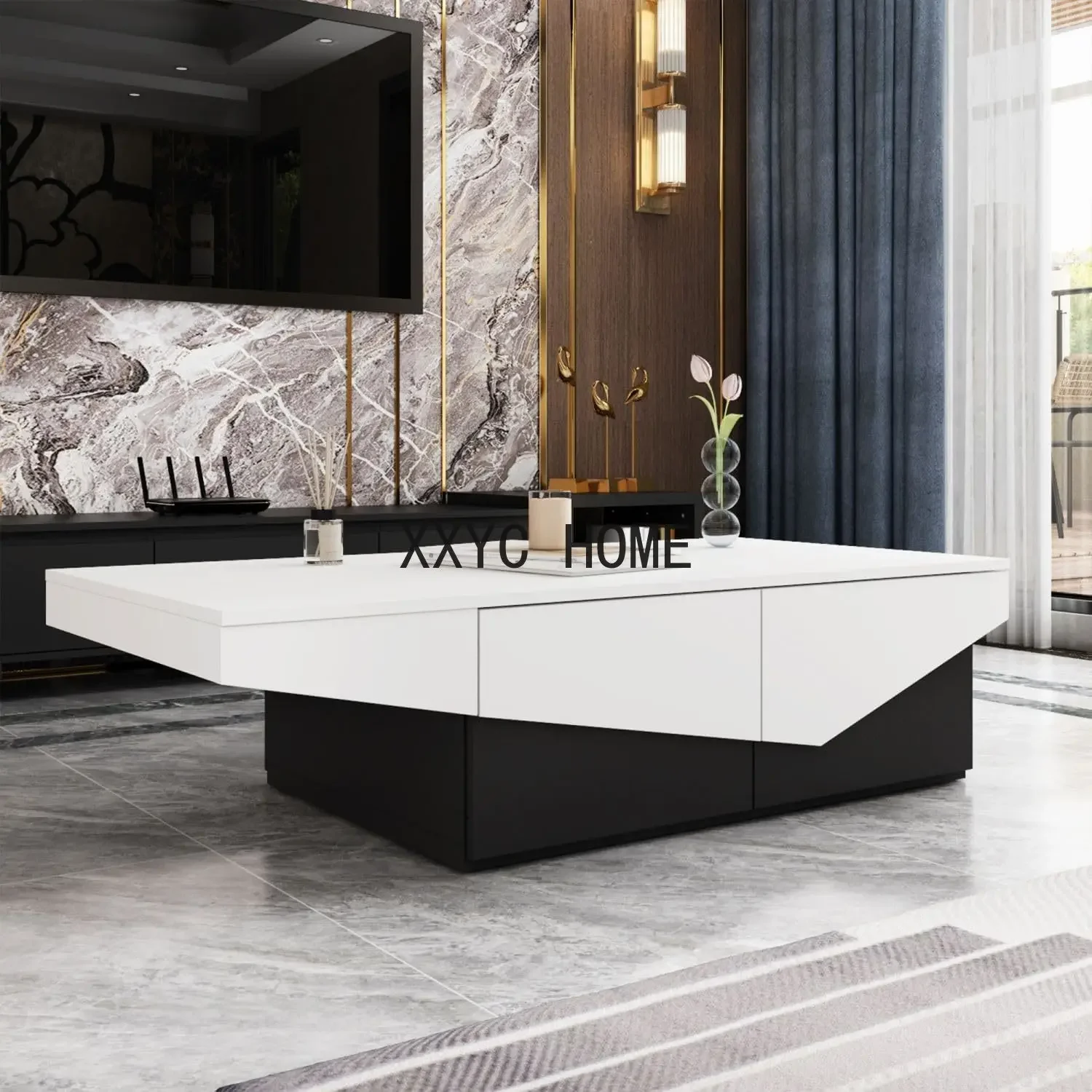 Modern Coffee Table with 4 Drawers, Central Table Living Room with Storage, White and Black Wood