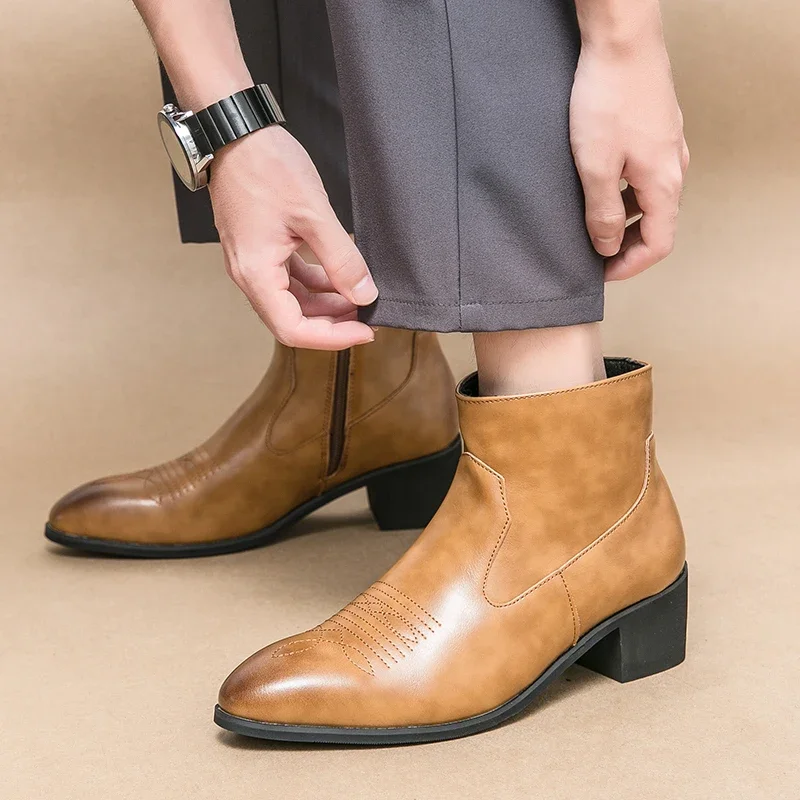 Men Western Boots Cowboy Zipper Ankle Boots Business Handmade Size 38-46 men western boots
