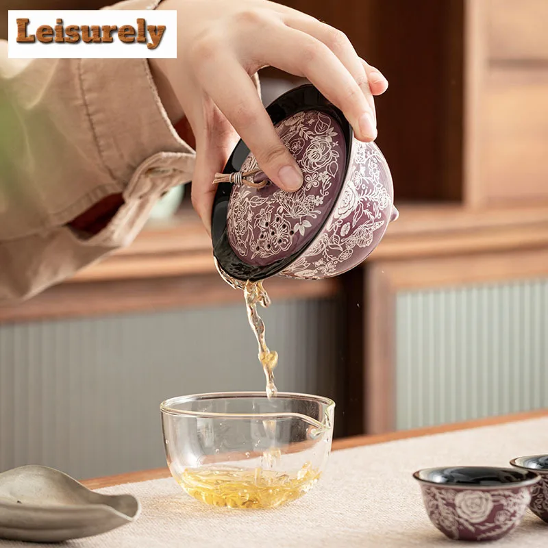 Gilt Silver Ceramic Travel Tea Set Kit Antique 1 Bowl 3 Cups Tea Maker Organizer Portable Camping Tote Bag Supplies Decoration