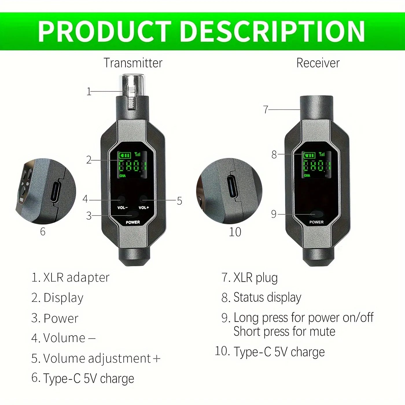 Wireless Microphone UHF Wireless Microphone Converter XLR Transmitter and Receiver Wireless System for Dynamic