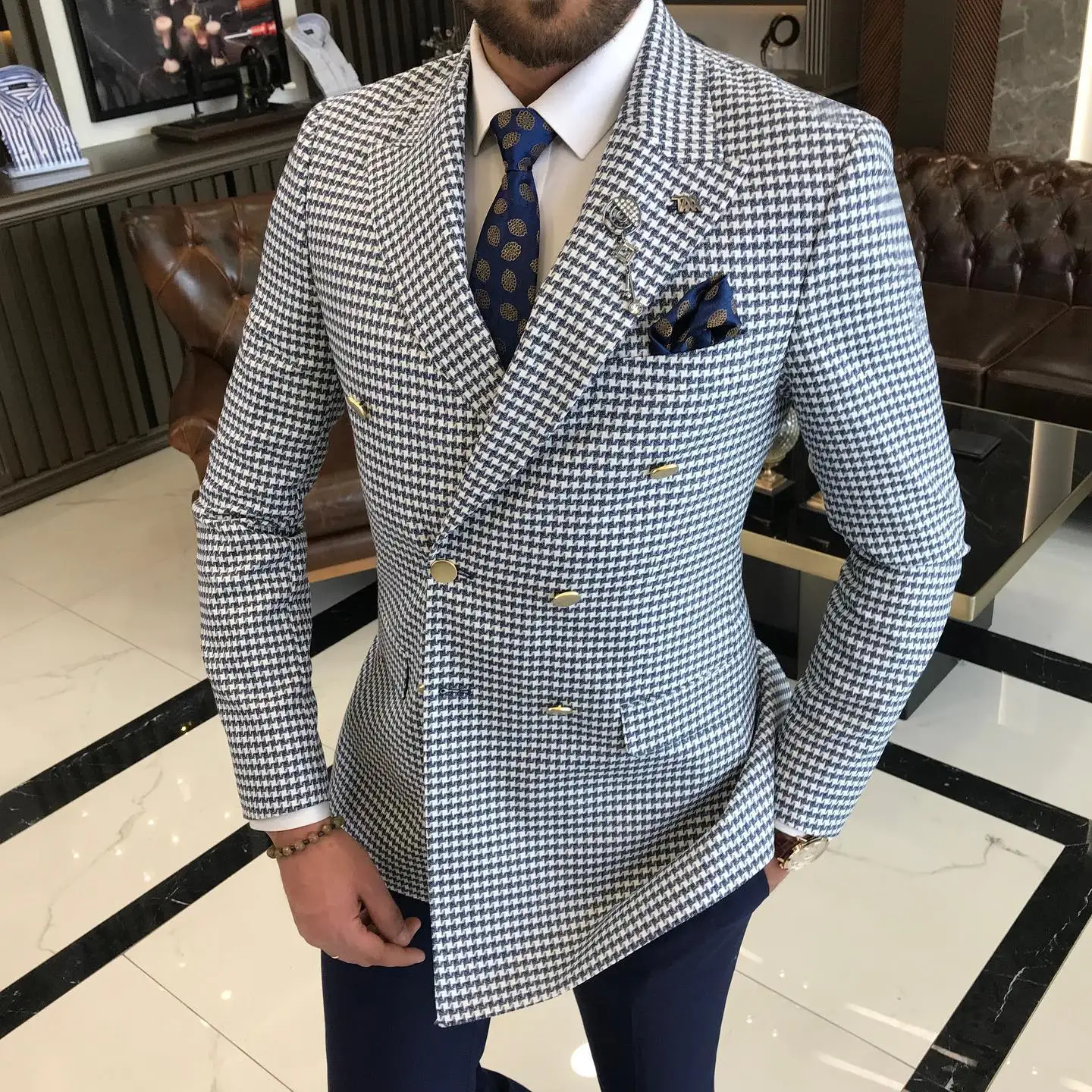 Houndstooth Men Suits Double Breasted Jacket Slim Fit Wedding Groom Wear Business Blazer Formal Tuxedos Only Coat Customize