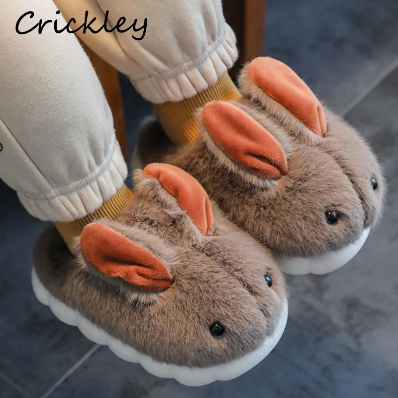 Cartoon Rabbit Children's Slippers Winter Solid Furry Floor Slippers For Kids Soft Bottom Warm Plush Boys Girls House Shoes