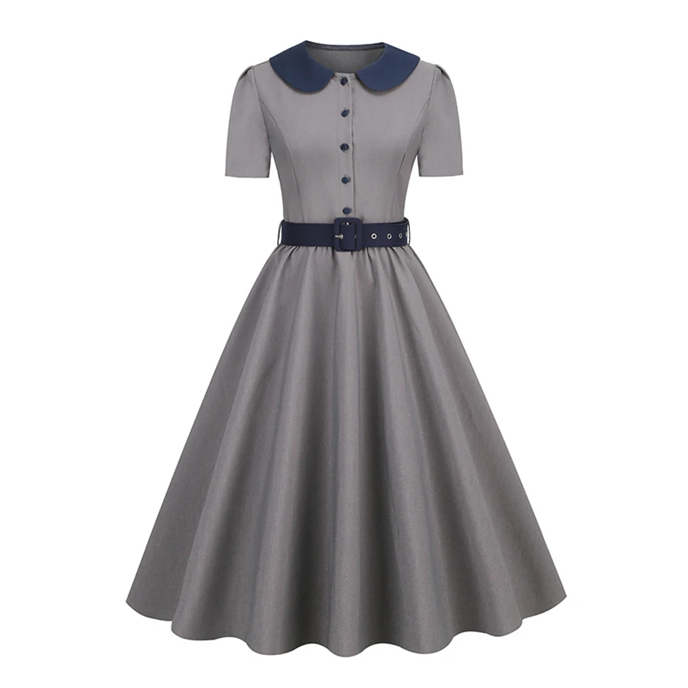 

2023 Women Clothing Short Sleeve A Line 50s Vintage Dress VD3568 Patchwork Single Breasted With Belt Elegant Grey Dresses