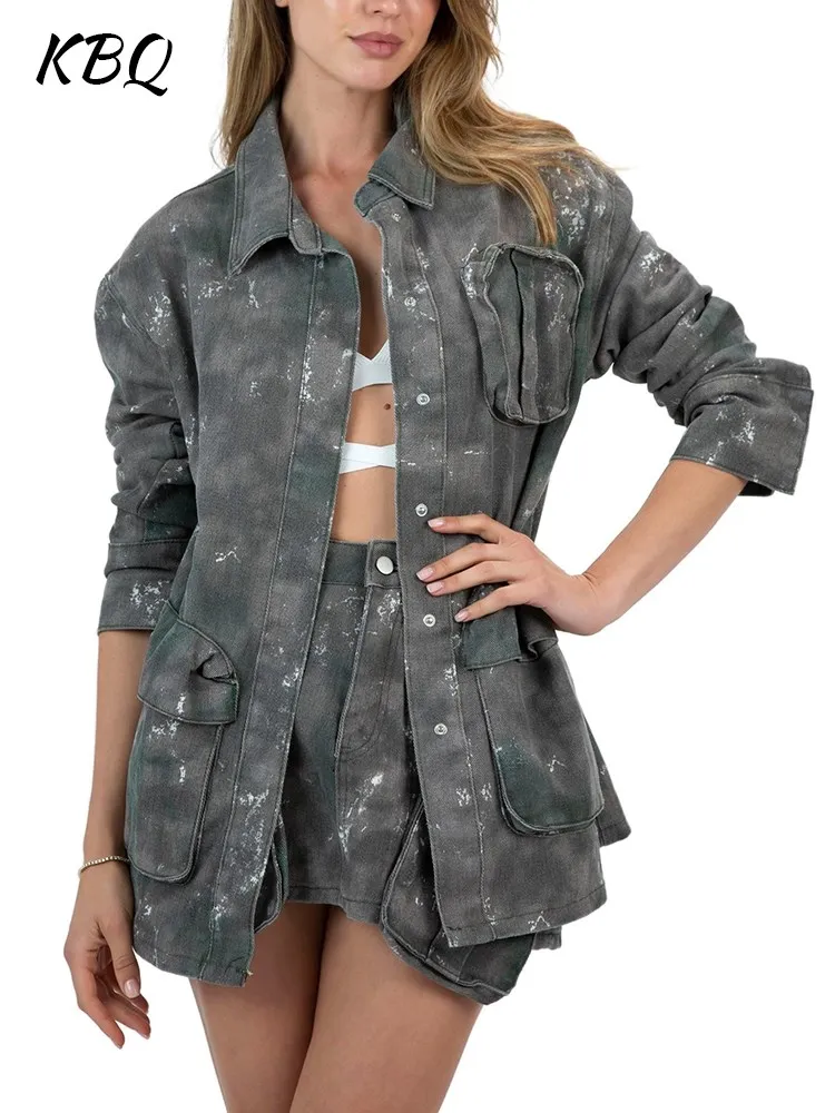 KBQ Camouflage Hit Color Denim Coat For Women Lapel Long Sleeve Patchwork Pockets Tunic Casual Jackets Female Autumn Clothing