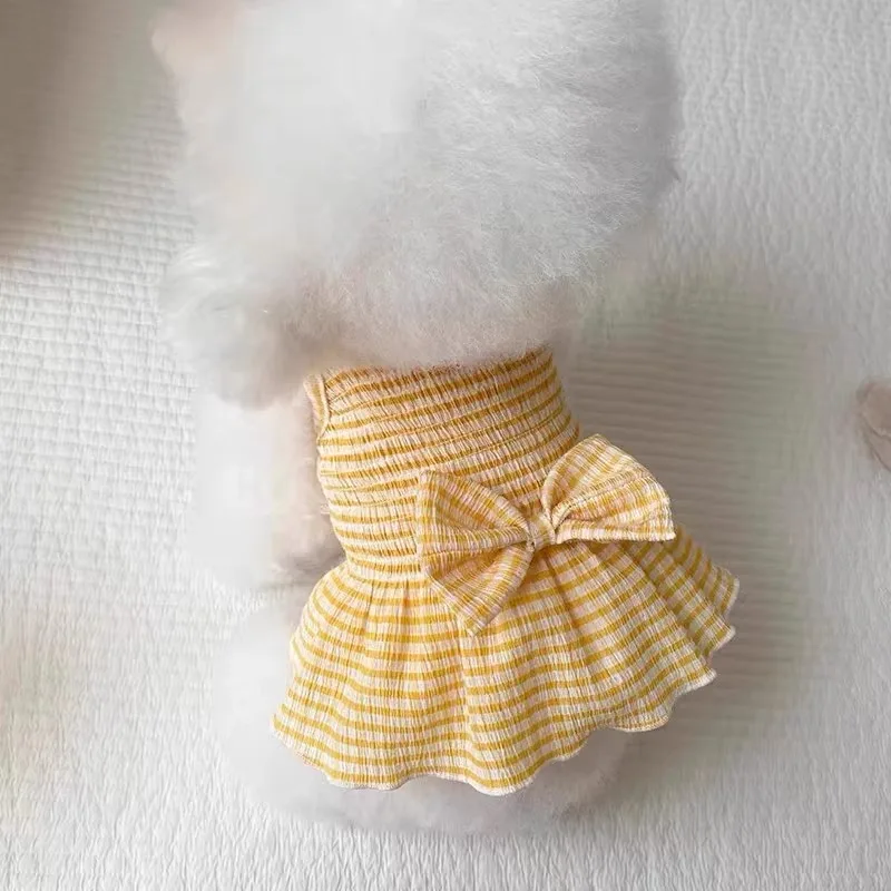 Dog Suspender Skirt Puppy Summer Clothes Bow Plaid Dog Vest Pet Striped Dress Chihuahua Bichon Kitten Pink Girls Costume