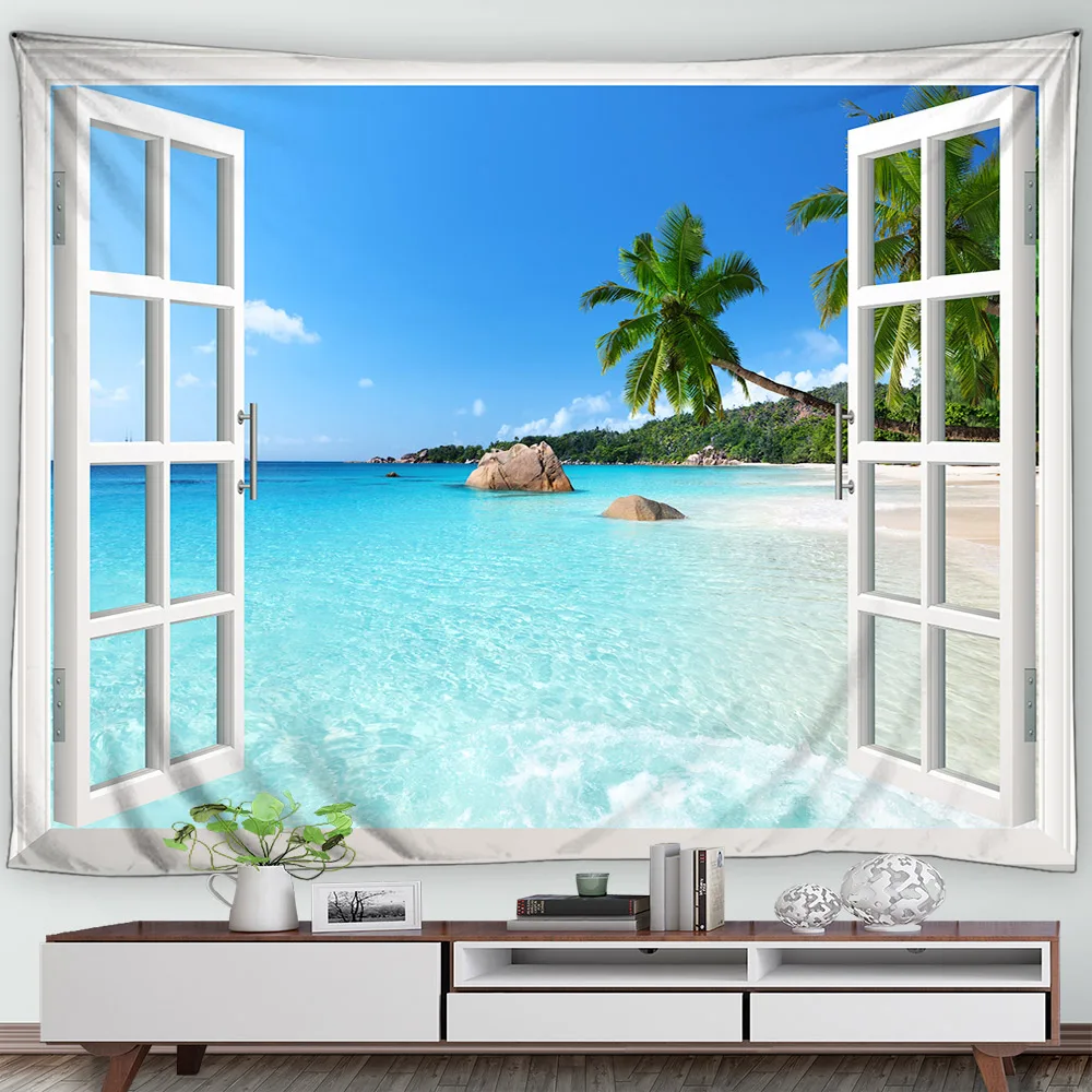 

Ocean Landscape Tapestry White Window Island Coconut Trees Beach Nature Scenery Home Living Room Dorm Decor Garden Wall Hanging