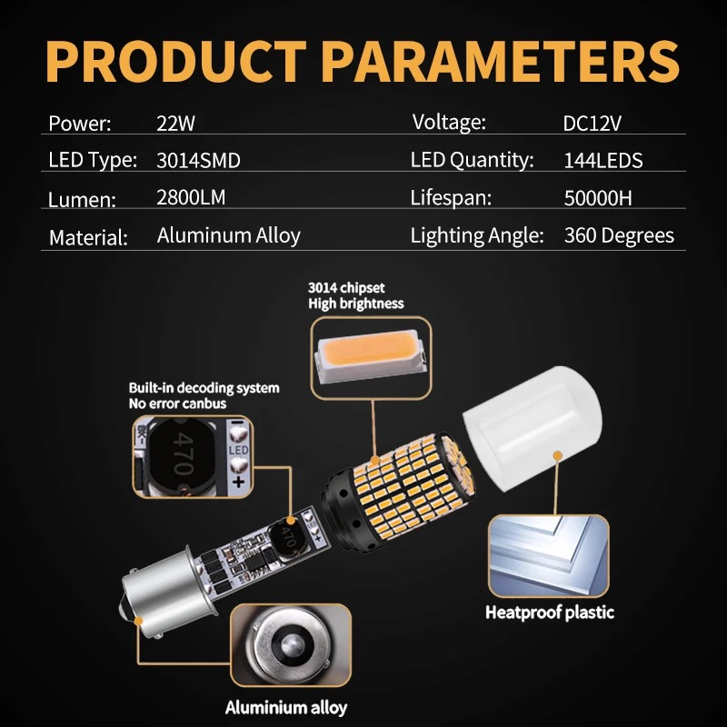 Bombillas LED para intermitente de marcha atrás, lámpara CanBus de 2 piezas, 1156 BA15S P21W BAU15S PY21W 7440 W21W P21/5W 1157 BAY15D 7443 3157, 144smd