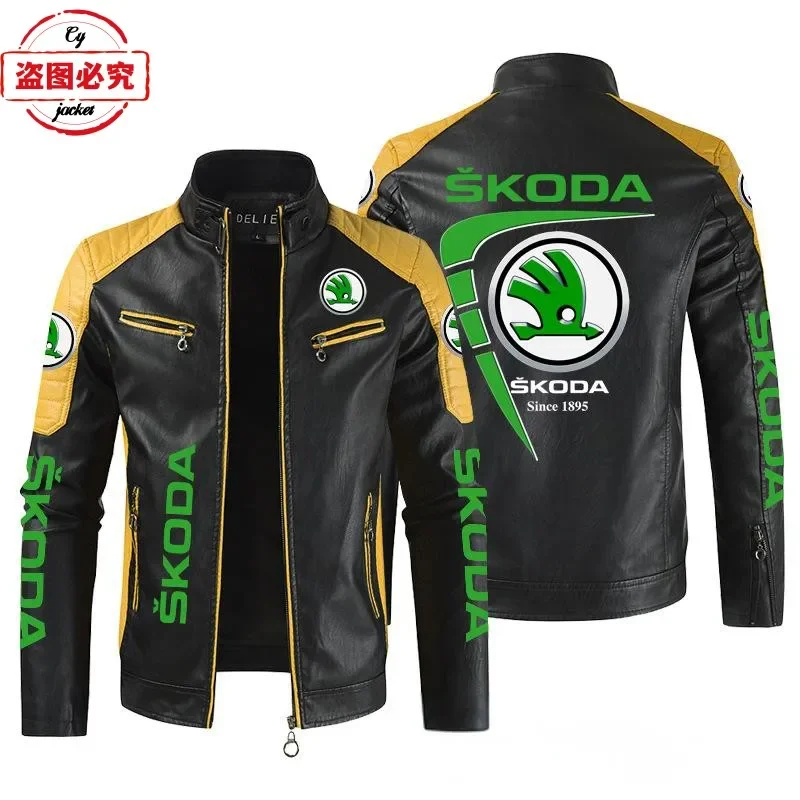 Skoda car LOGO retro washed pu leather jacket four seasons WRS rally skoda team men's jacket 3