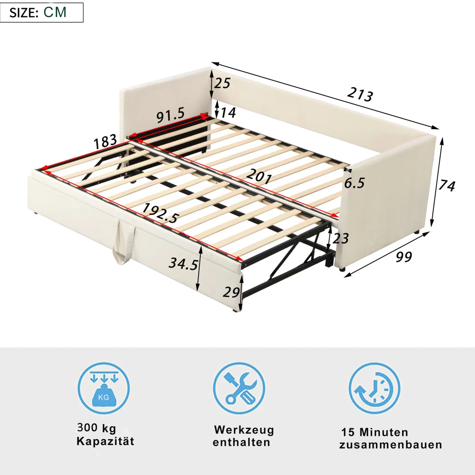 Comanlai Ausziehbares Schlafsofa mit Lattenrost, 90 x 200 cm großes Sofa, einziehbares, zusammenklappbares Bett bis 180 x 200 cm, Samtstoff, Grau/Beige – Detail 1