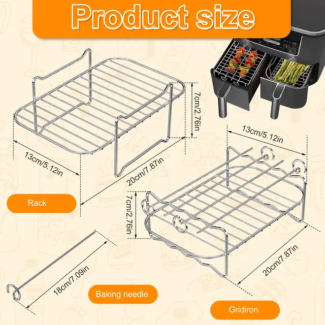 4Db Air Fryer Állványok Set Rozsdamentes Acél Levegő Sütő Nyársok Állvány 4 Nyársával Újrafelhasználható Lég Gőzös Olajkefével - Image 5