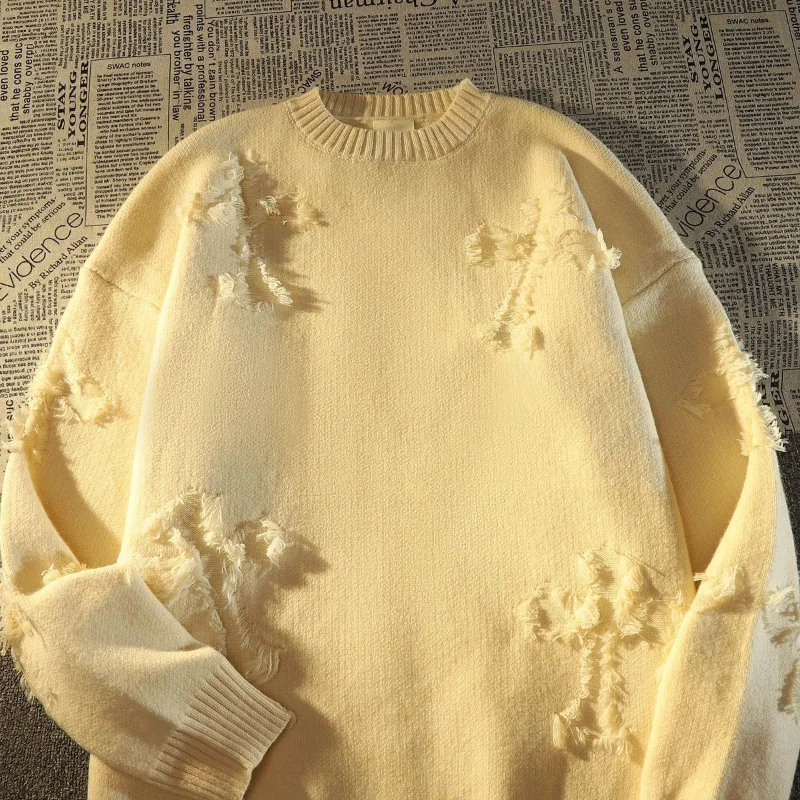 Autumn Y2K Streetwear Men New Retro Hole Fringed Sweater Loose Versatile Sweater For Men And Women Long Sleeve Sweater Pullover