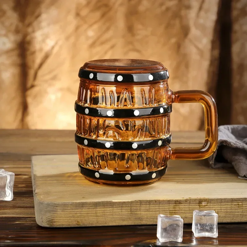 Beer Mug 470ml 16oz Large Capacity Barrel Shape Glass Cup with Handle and Lid Like One Piece Pirate Beer Cup 1 Piece