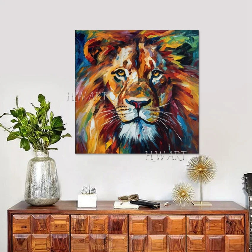 

Настенная картина с изображением головы животного, искусство для офиса без рамки, абстрактный Лев, ручной рисунок, холст, акриловое искусство, картина, подарки