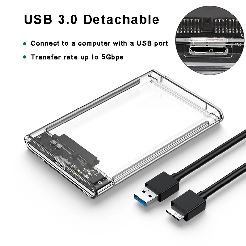 USB 3.0 HDD Enclosure 2.5inch SATA SSD Hard Drive Case with 5Gbps Transfer Speed Mobile External Housing Harddisk Boxs Cable