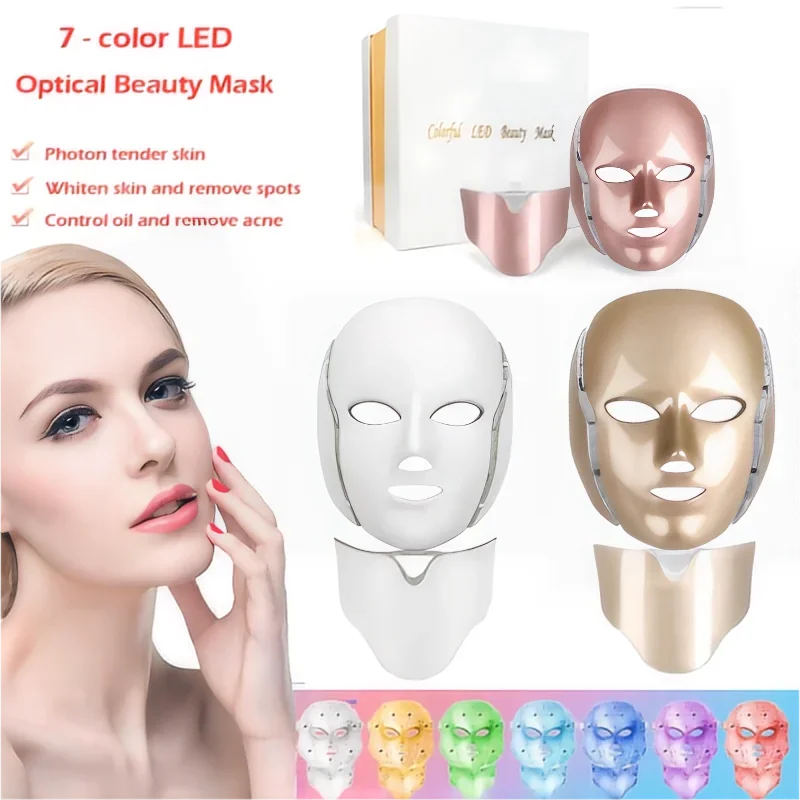 7-color LED facial mask, with neck light treatment facial , skin regeneration, anti acne beauty equipment, and firmin