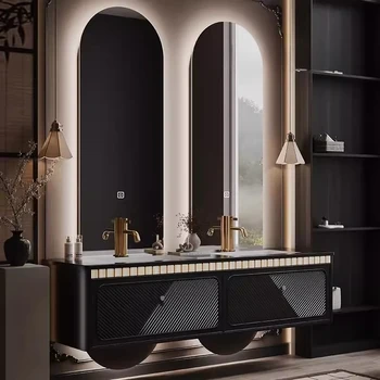 หรูหราสไตล์โรงแรมตู้ห้องน้ําอ่างล้างหน้าคู่ผสมแผ่นหินฝรั่งเศสอ่างล้างหน้าตู้ห้องน้ําอ่างล้างหน้า 2