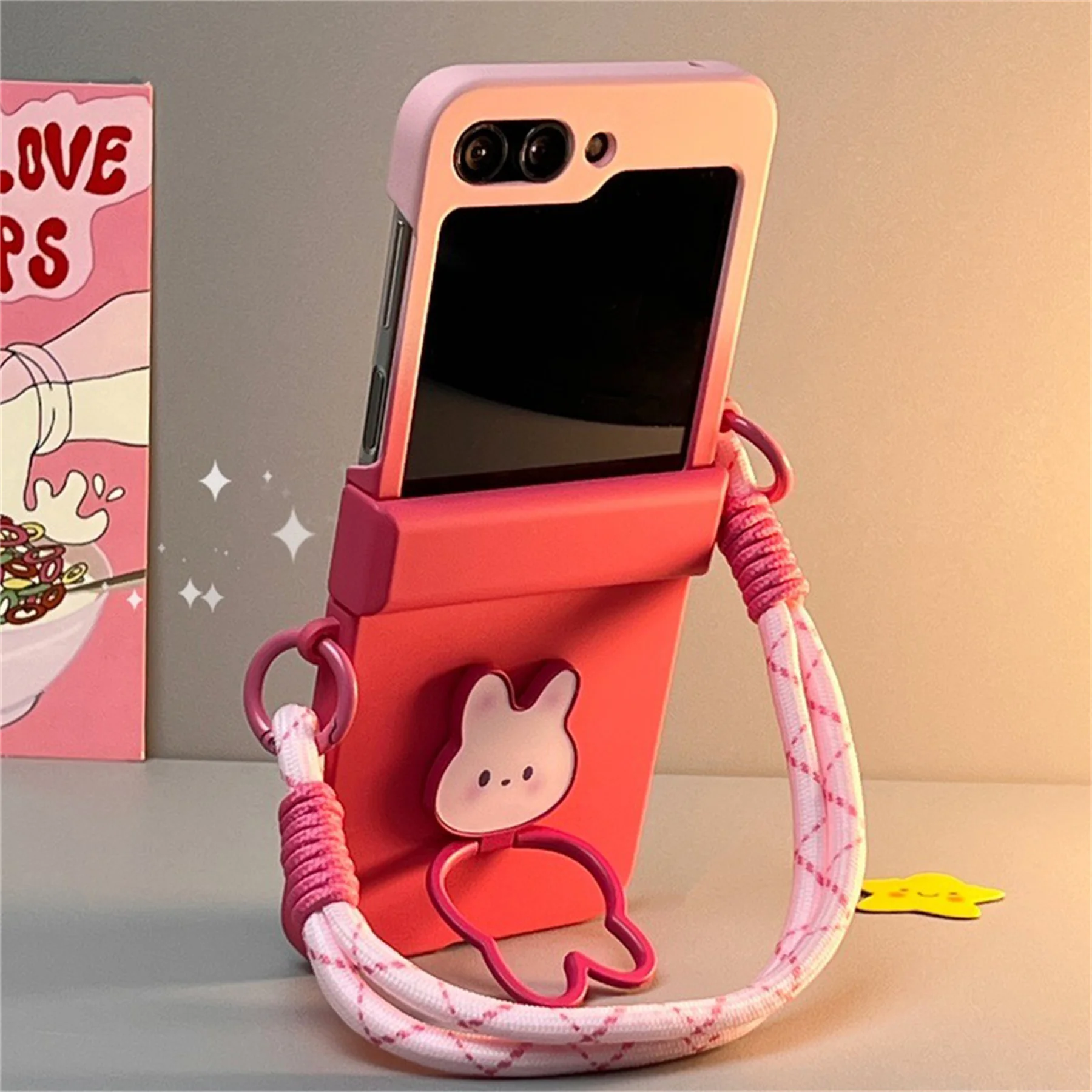 Luxury Cute Gradient Pink Phone Case with Bunny Rabbit Bracket and Hand Strap