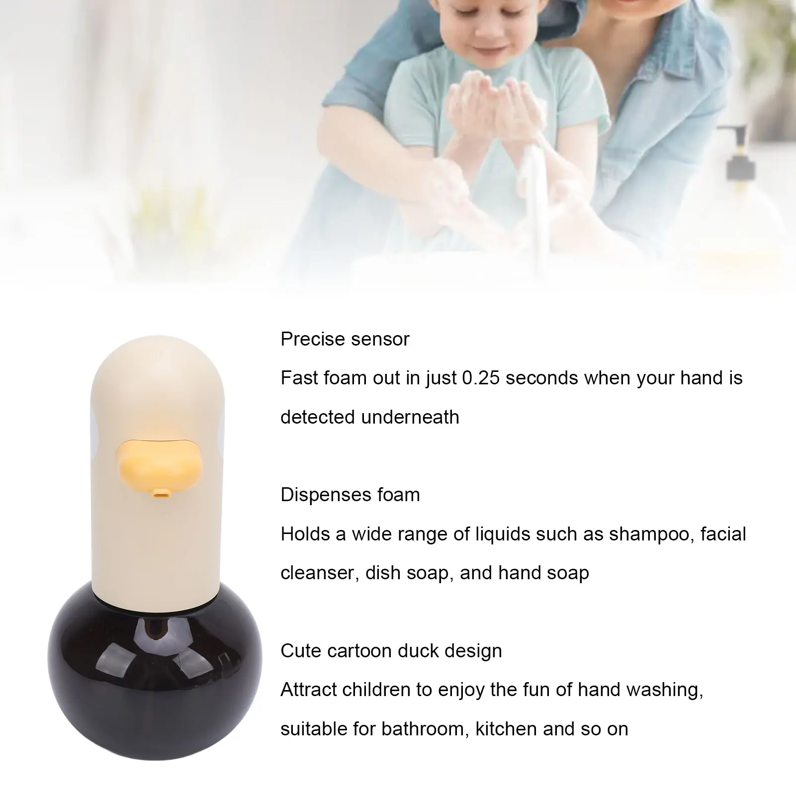 เครื่องจ่ายสบู่ไฟฟ้าแบบไร้สัมผัส เครื่องจ่ายสบู่โฟมอัตโนมัติแบบชาร์จไฟได้ พกพาสะดวก ลายการ์ตูนเป็ดน่ารัก วัสดุ ABS สำหรับห้องครัว 1
