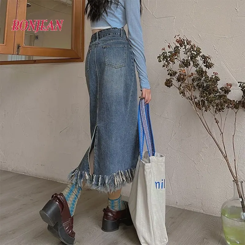 

Vintage High Waist Raw Edge Denim 3XL Skirt for Women In Autumn Winter 2022 Korean Fashion Clothing Y2k Skirt