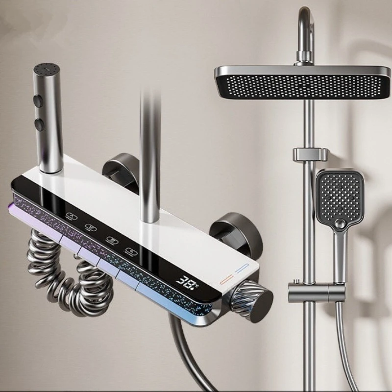 ชุดฝักบัวอาบน้ำ, ฝักบัวเทอร์โมสแตติกสีเทาปืนทำจากทองแดงทั้งหมด, อ่างอาบน้ำ, ไฟบรรยากาศแบบดิจิตอล, หัวฉีดแรงดันสูงสำหรับห้องน้ำ 1