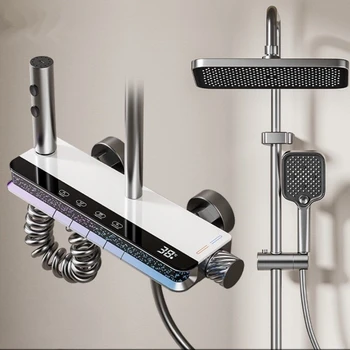 ชุดฝักบัวอาบน้ำ, ฝักบัวเทอร์โมสแตติกสีเทาปืนทำจากทองแดงทั้งหมด, อ่างอาบน้ำ, ไฟบรรยากาศแบบดิจิตอล, หัวฉีดแรงดันสูงสำหรับห้องน้ำ 1