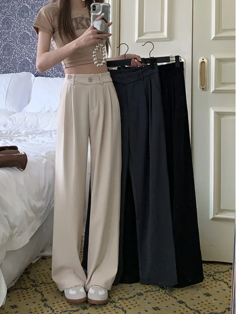Autumn Loose Narrow Casual Wide Leg Pants New Solid Grey White Black 2023 Women's Suit Pants High Waist Pants