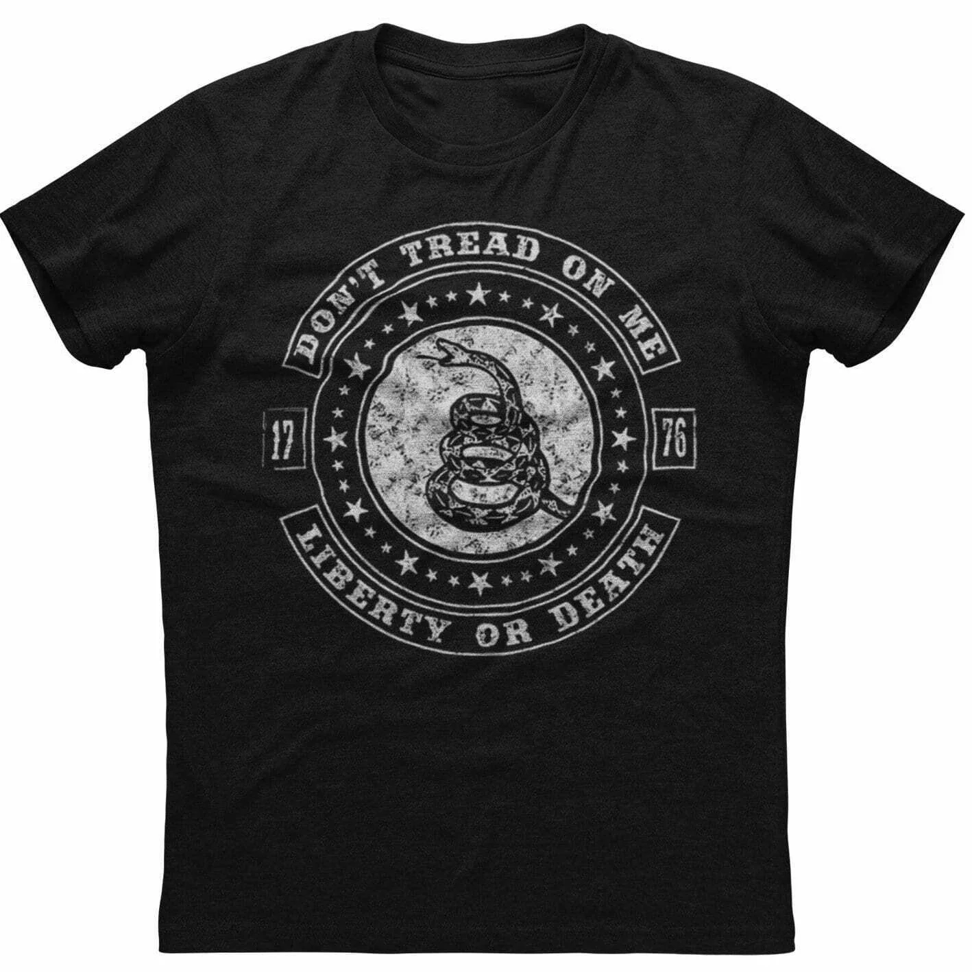 

Premium Cotton Short Sleeve O-Neck Mens T Shirt Don't Tread on Me, Liberty or Death. 1776 Rattlesnake Patriotic Flag T-Shirt.