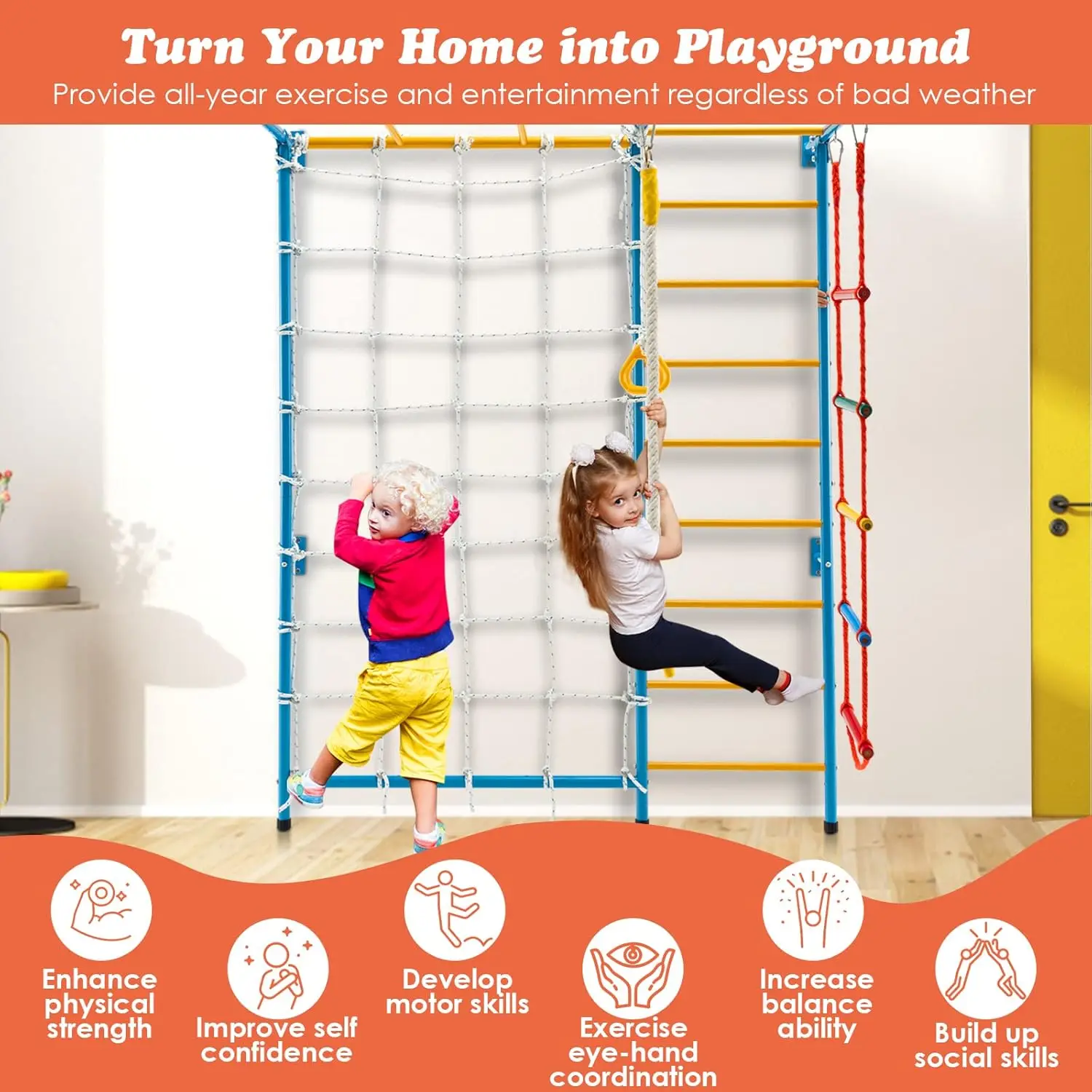 7 in 1 Climbing Toys for Toddlers, Indoor Kids Gym for Exercise, Steel Ladder Wall Set with Wall Ladder, Pull-up Bar, Rope