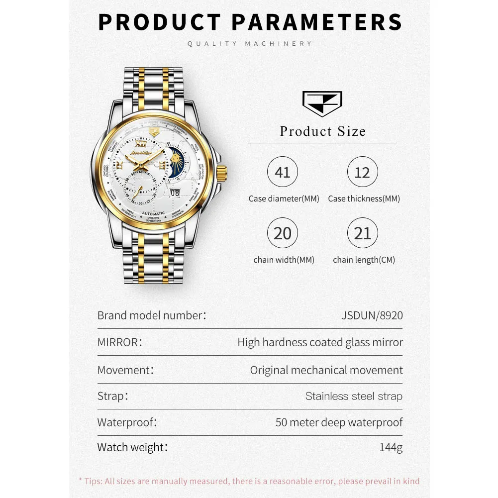 JSDUN Automatic Mechanical Watches for Men Multiple Time Zone Classic Business Watetproof Man Wristwatches New Moon Phase Watch