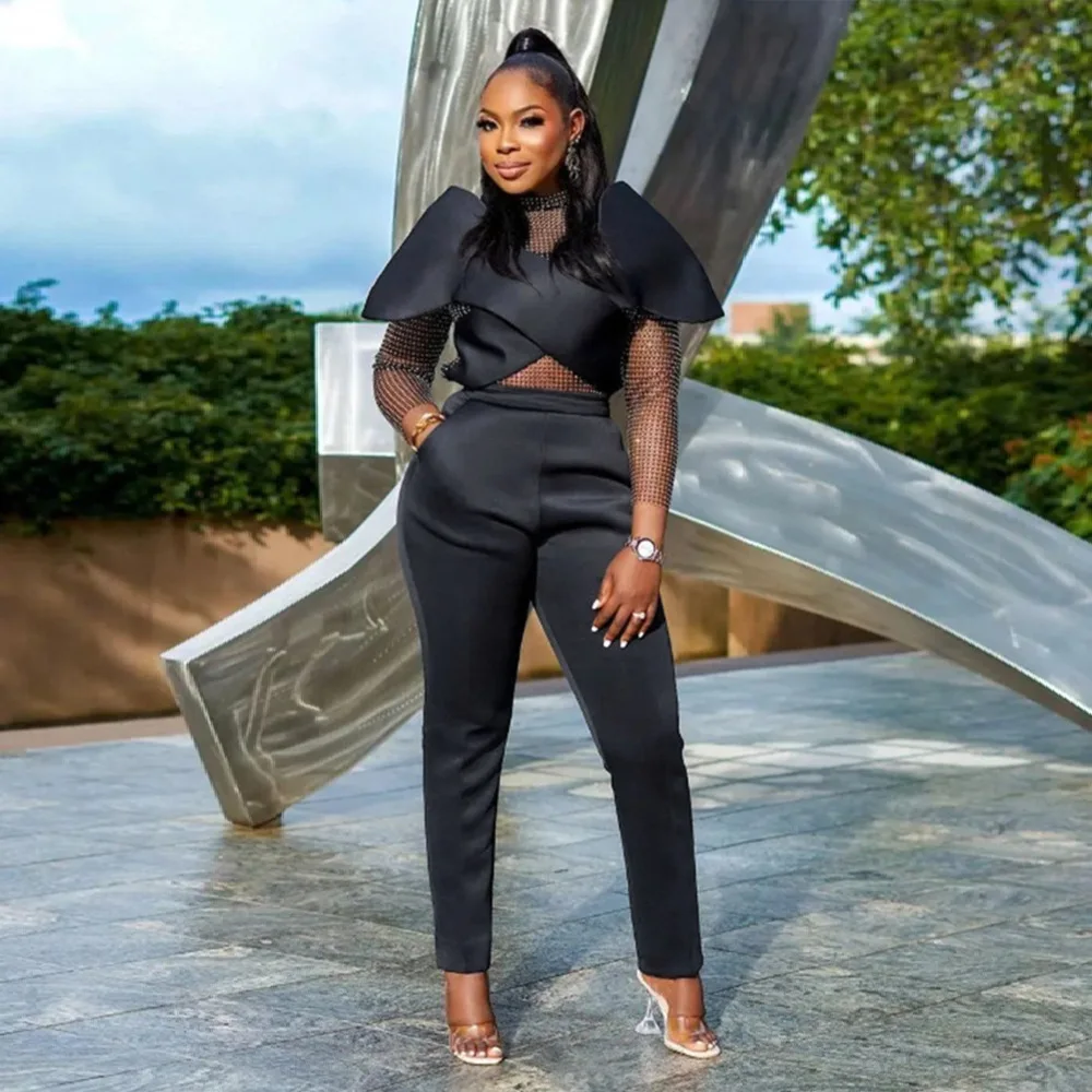 

Two Piece Set Women Outfit 2023 New Fashion Solid Color Pants Set Casual Mesh Patchwork Shiny Party Clothes