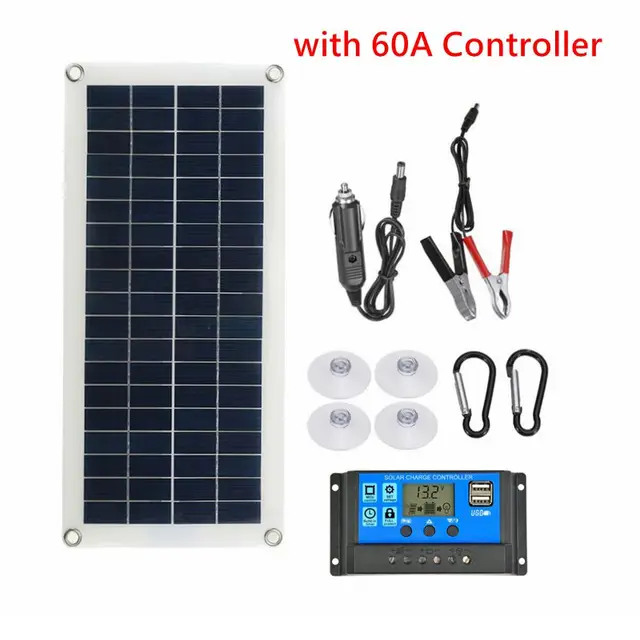 Solar Panel 60W 12V DualUSB Output Solar Cells Poly Solar Panel 10/20/30/40/50/60A Controller for Car Yacht Battery Boat Charger 3