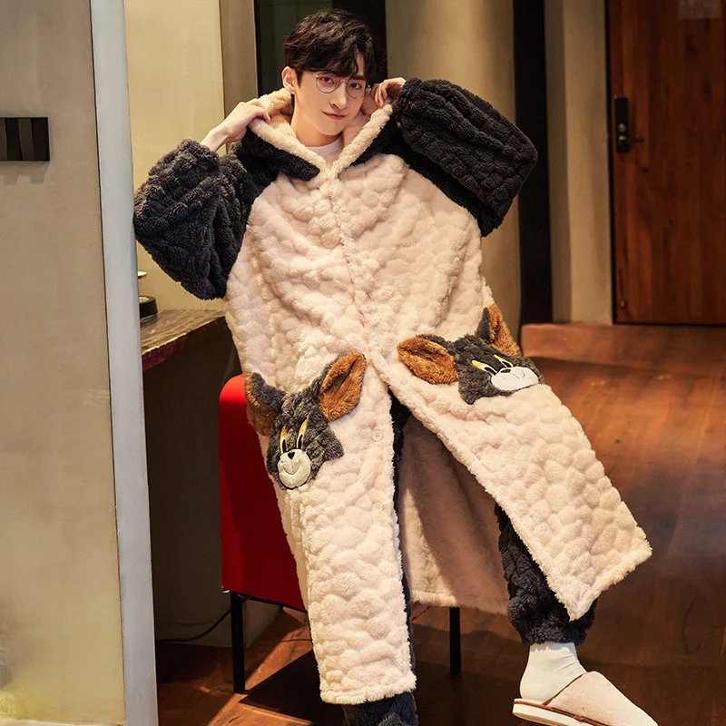 Cartoon Flannel Thickened Fleece Teen Winter Coral Velvet Nightgown Homewear Hoodie Set Cosy Thermal Pajamas Both Men Women Men pyjamas, women pyjamas set