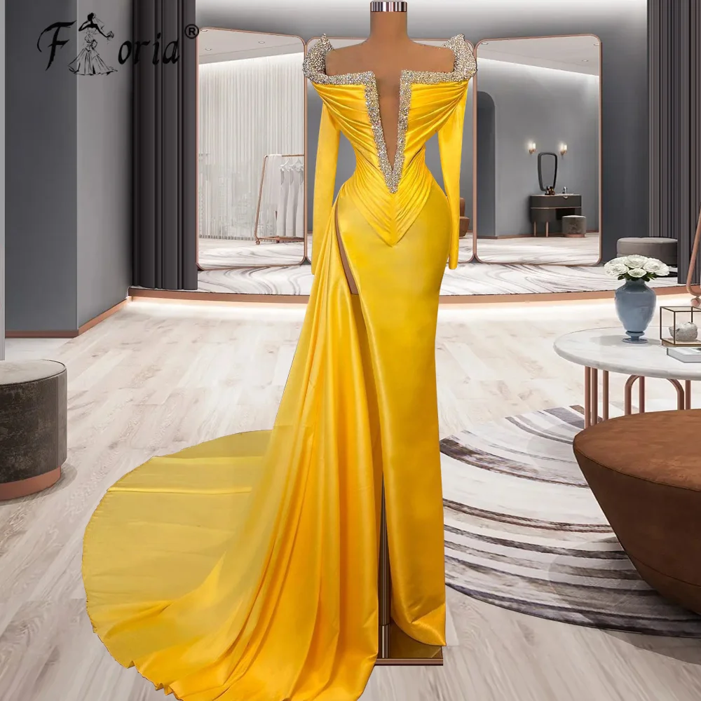 

Elegant Dubai Mermaid Beaspoke Evening Dresses Deep V Neck Satin Long Sleeves Fomal Gown Prom Party Dress robe longue soiree