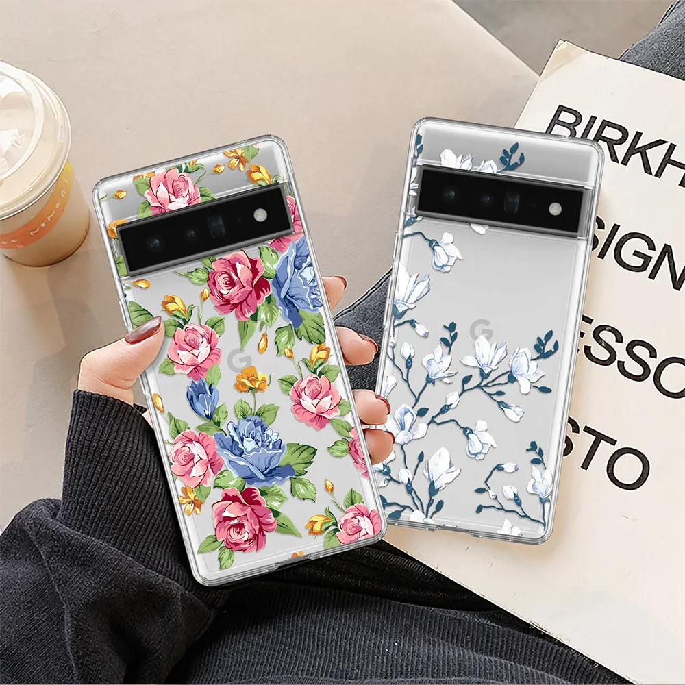 Case For Google Pixel 7A 7Pro 7 6A 6 6Pro 5 5A 5G 4Xl 4 2 3Xl 2Xl 3 3A 3Axl 4A Cover Transparent Soft Tpu Flowers Floral Capas